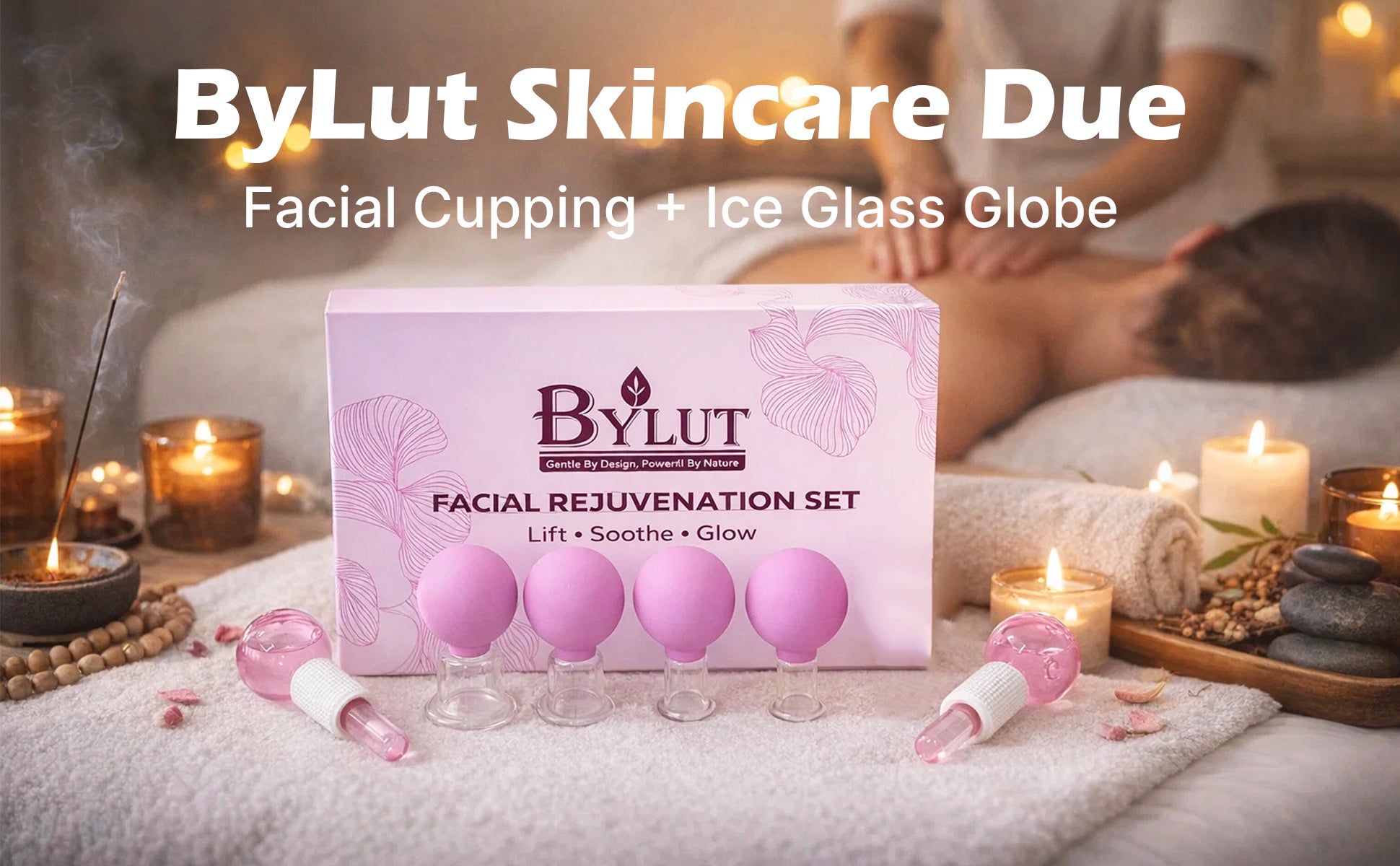 BYLUT 3-in-1 Ice Globes & Glass Facial Cupping Set, 2 Ice Globes for Face + 4-Size Facial Cupping Set for Face Lifting  & Body Suction Cups, Facial Ice Roller for Depuffing, Heat & Cold Therapy-Purple