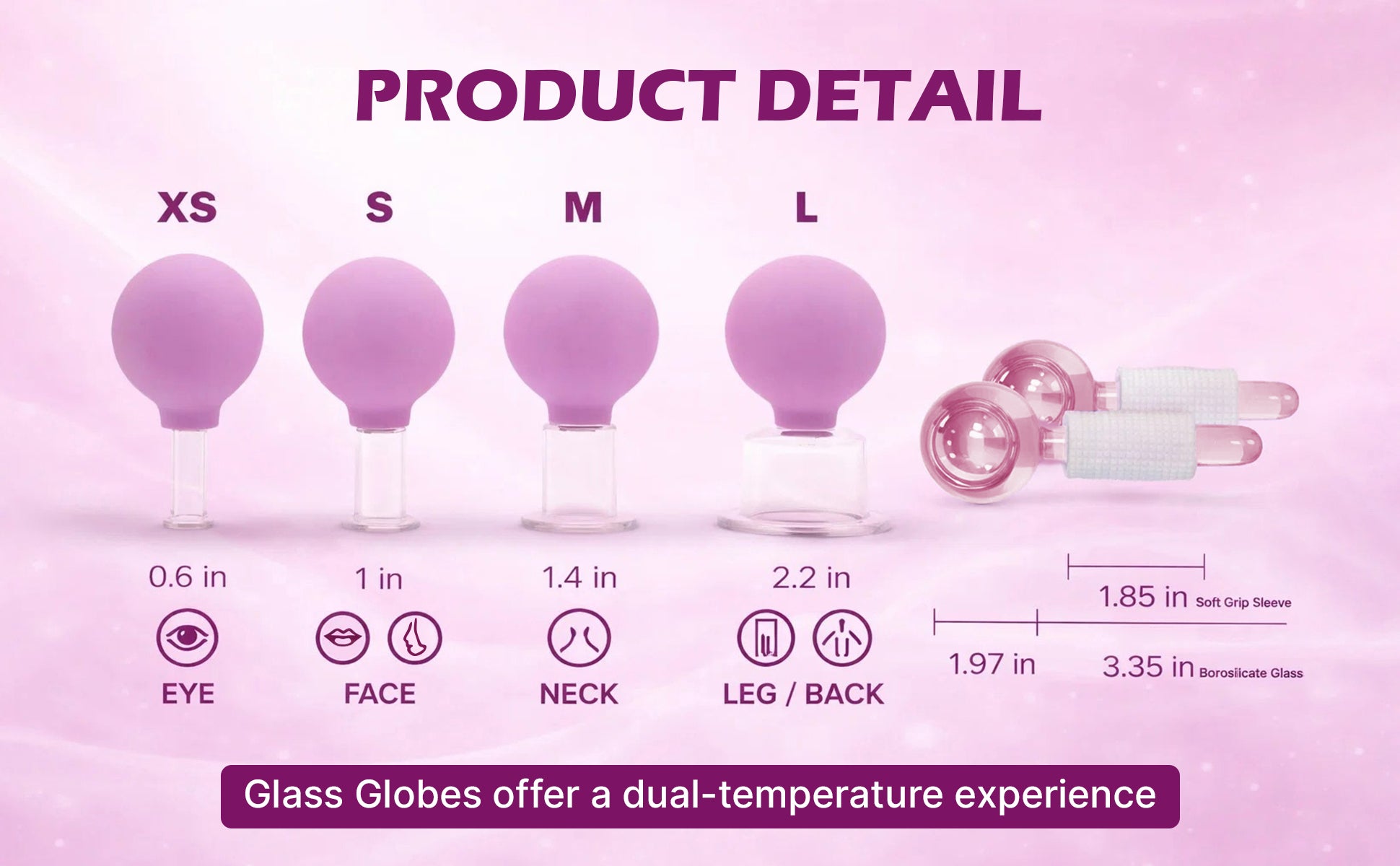 BYLUT 3-in-1 Ice Globes & Glass Facial Cupping Set, 2 Ice Globes for Face + 4-Size Facial Cupping Set for Face Lifting  & Body Suction Cups, Facial Ice Roller for Depuffing, Heat & Cold Therapy-Purple