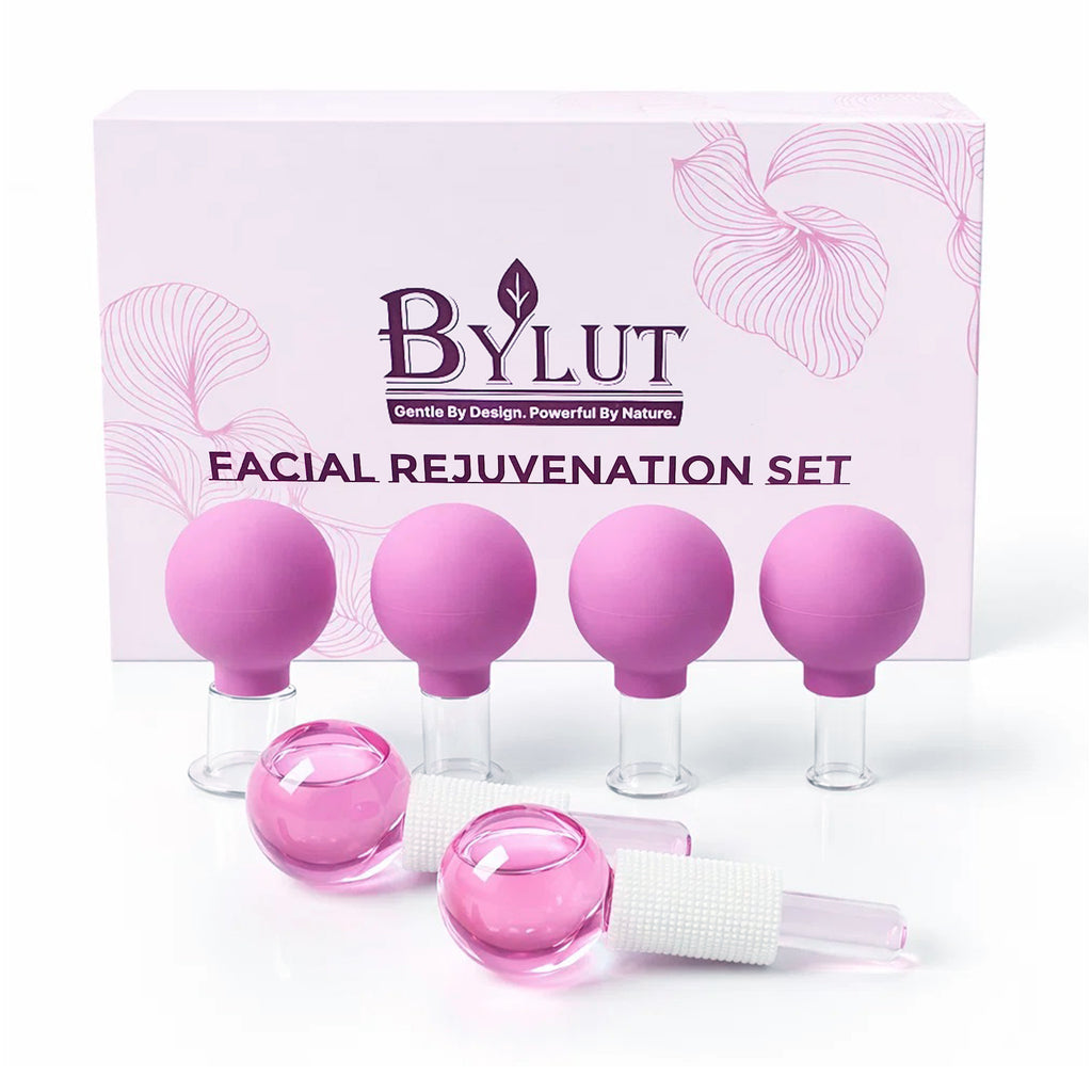 BYLUT 3-in-1 Ice Globes & Glass Facial Cupping Set, 2 Ice Globes for Face + 4-Size Facial Cupping Set for Face Lifting  & Body Suction Cups, Facial Ice Roller for Depuffing, Heat & Cold Therapy-Purple