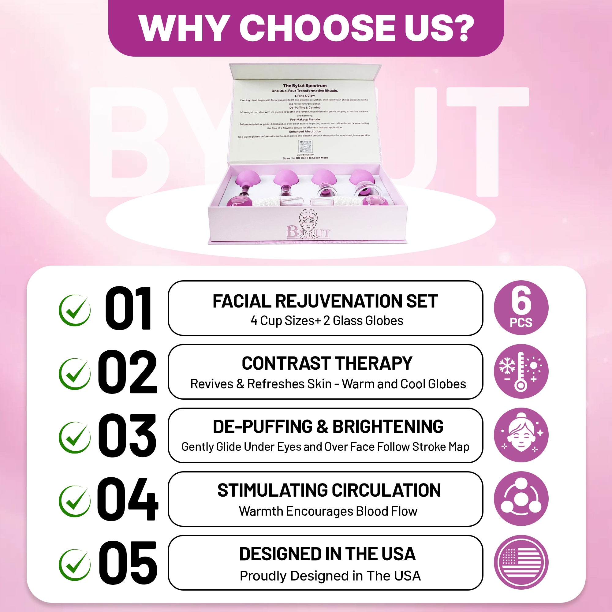 BYLUT 3-in-1 Ice Globes & Glass Facial Cupping Set, 2 Ice Globes for Face + 4-Size Facial Cupping Set for Face Lifting  & Body Suction Cups, Facial Ice Roller for Depuffing, Heat & Cold Therapy-Purple