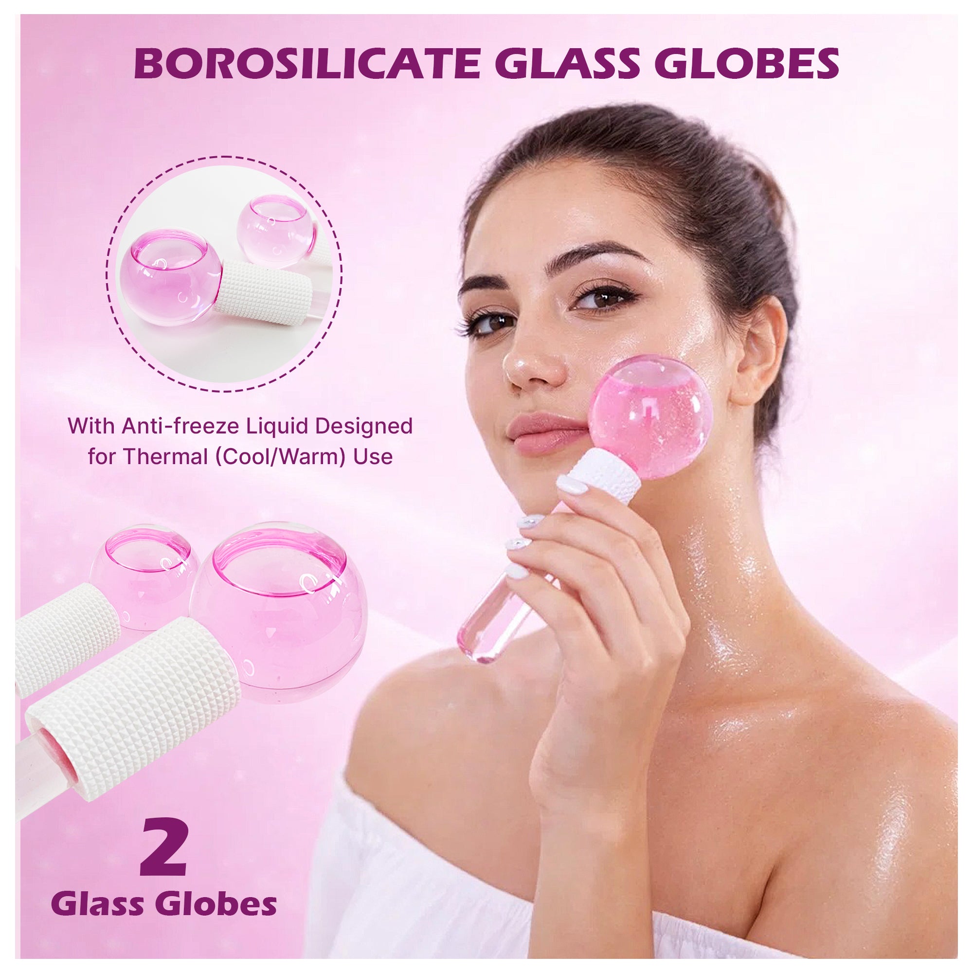 BYLUT 3-in-1 Ice Globes & Glass Facial Cupping Set, 2 Ice Globes for Face + 4-Size Facial Cupping Set for Face Lifting  & Body Suction Cups, Facial Ice Roller for Depuffing, Heat & Cold Therapy-Purple