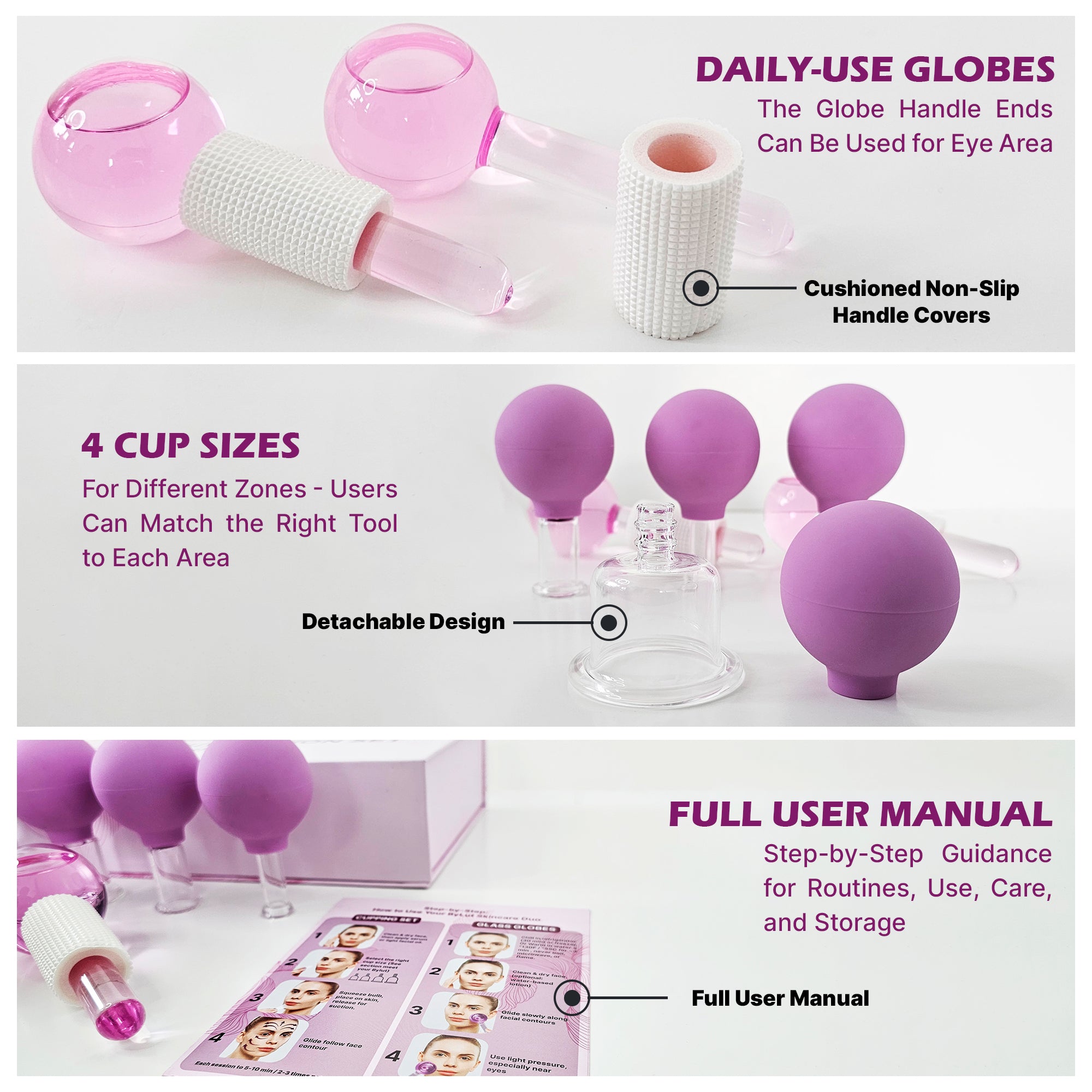 BYLUT 3-in-1 Ice Globes & Glass Facial Cupping Set, 2 Ice Globes for Face + 4-Size Facial Cupping Set for Face Lifting  & Body Suction Cups, Facial Ice Roller for Depuffing, Heat & Cold Therapy-Purple